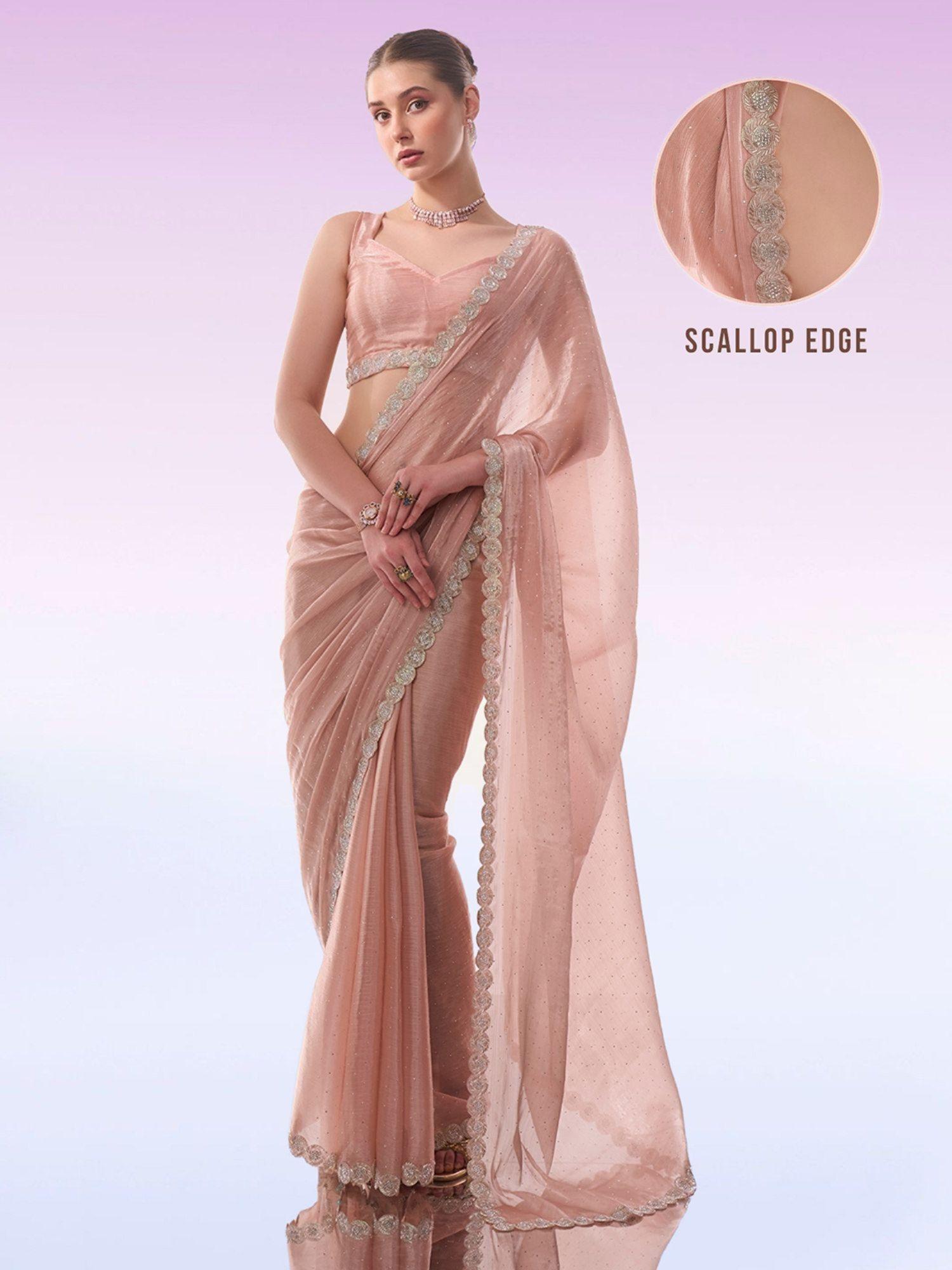 party all over tiny stones with scallop border organza peach saree & unstitched blouse