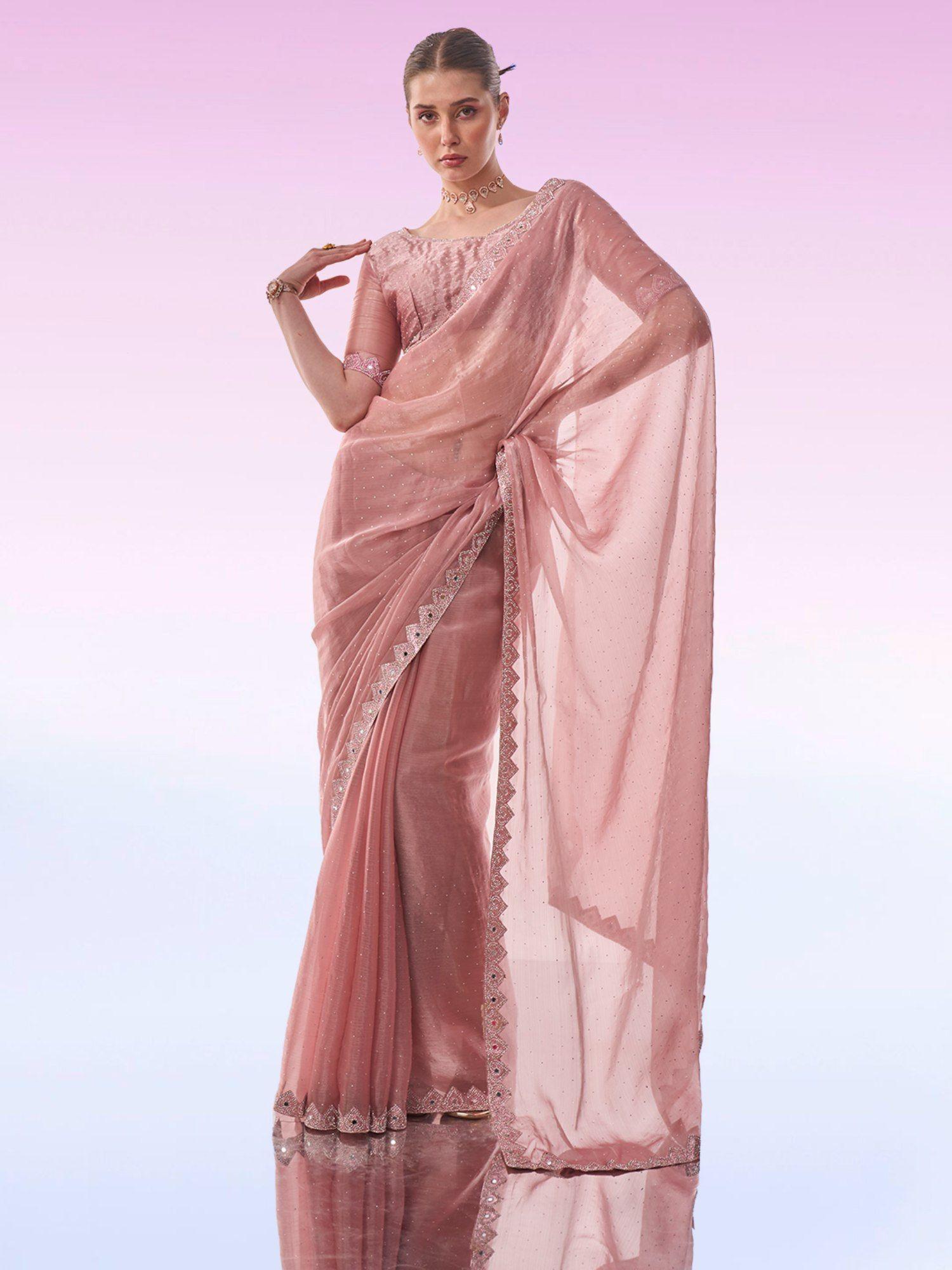 party all over tiny stones with zig-zag border organza peach saree & unstitched blouse