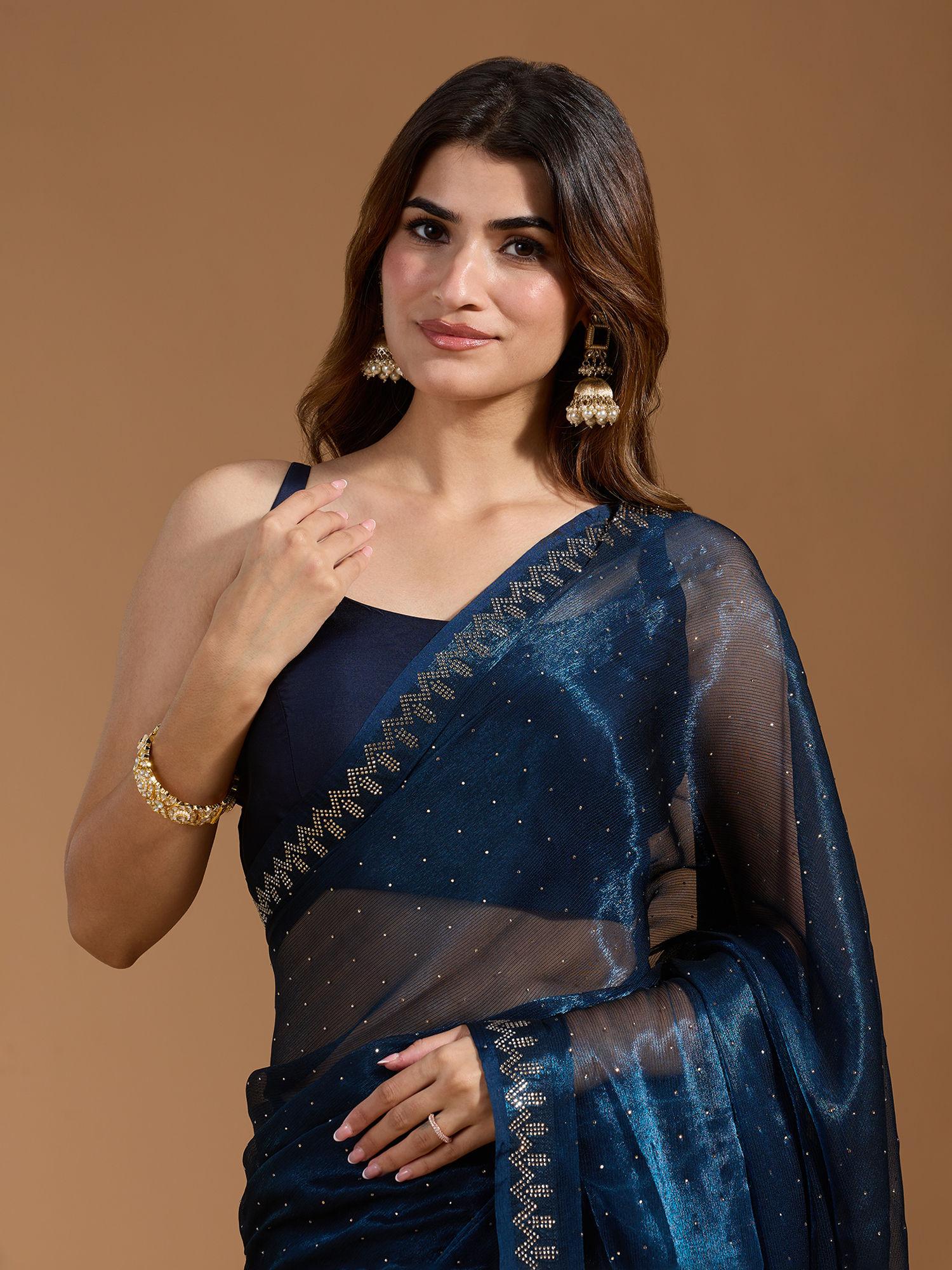 party embellished with beads & stones bordered georgette blue saree & unstitched blouse