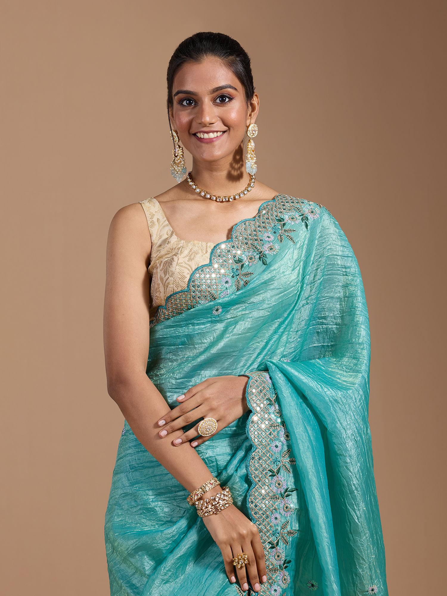 party embroidered & sequined with scallop border art silk blue saree with unstitched blouse