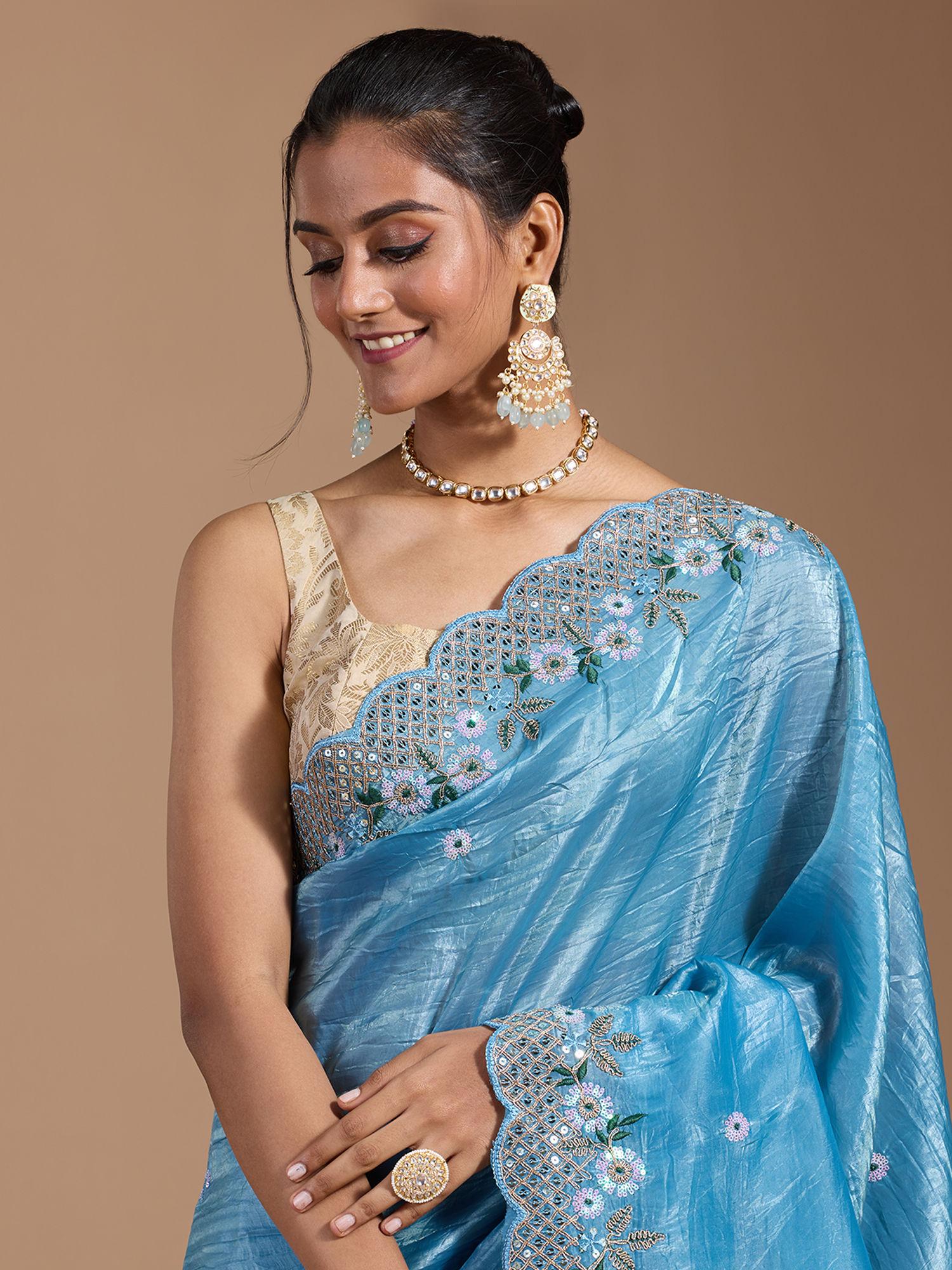 party embroidered & sequined with scallop border art silk blue saree with unstitched blouse