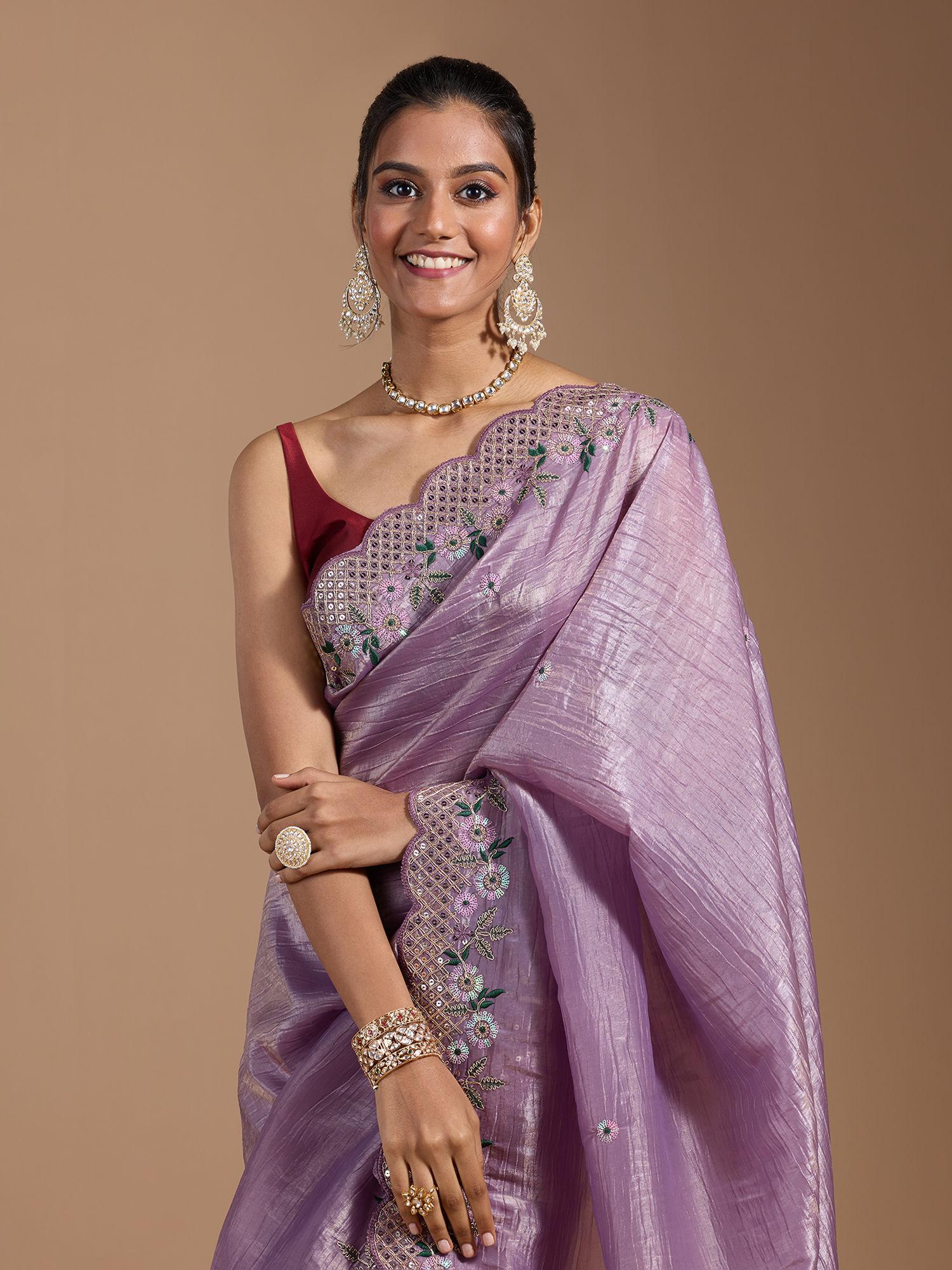 party embroidered & sequined with scallop border art silk purple saree with unstitched blouse