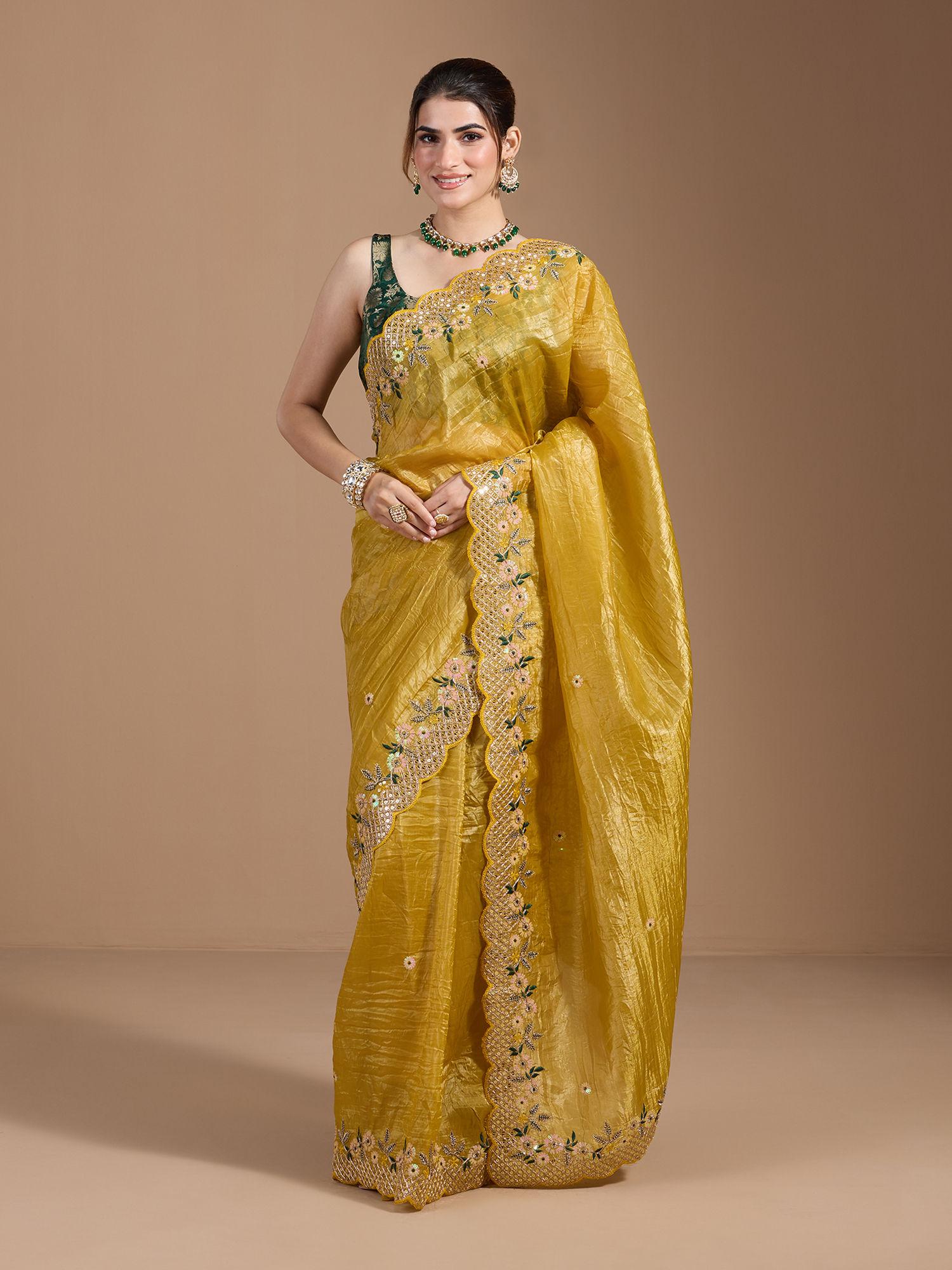 party embroidered & sequined with scallop border art silk yellow saree with unstitched blouse