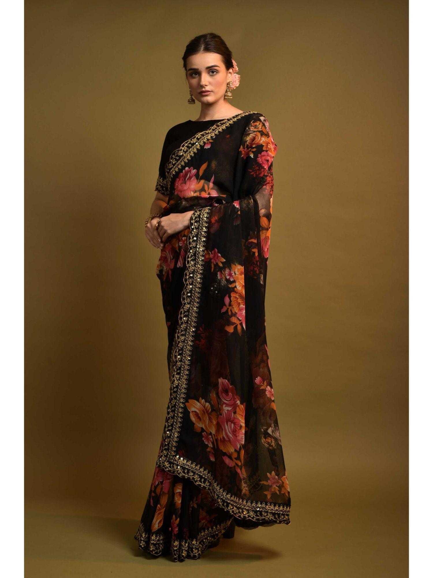 party floral printed embellished scallop border georgette black saree & unstitched blouse