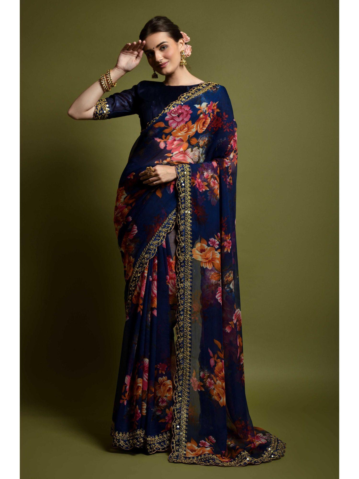 party floral printed embellished scallop border georgette blue saree & unstitched blouse