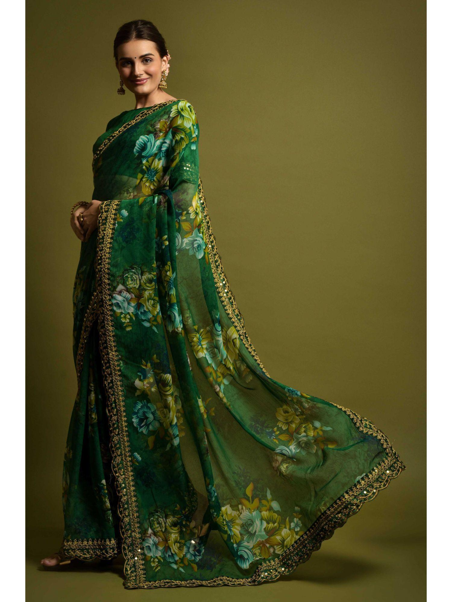 party floral printed embellished scallop border georgette green saree & unstitched blouse