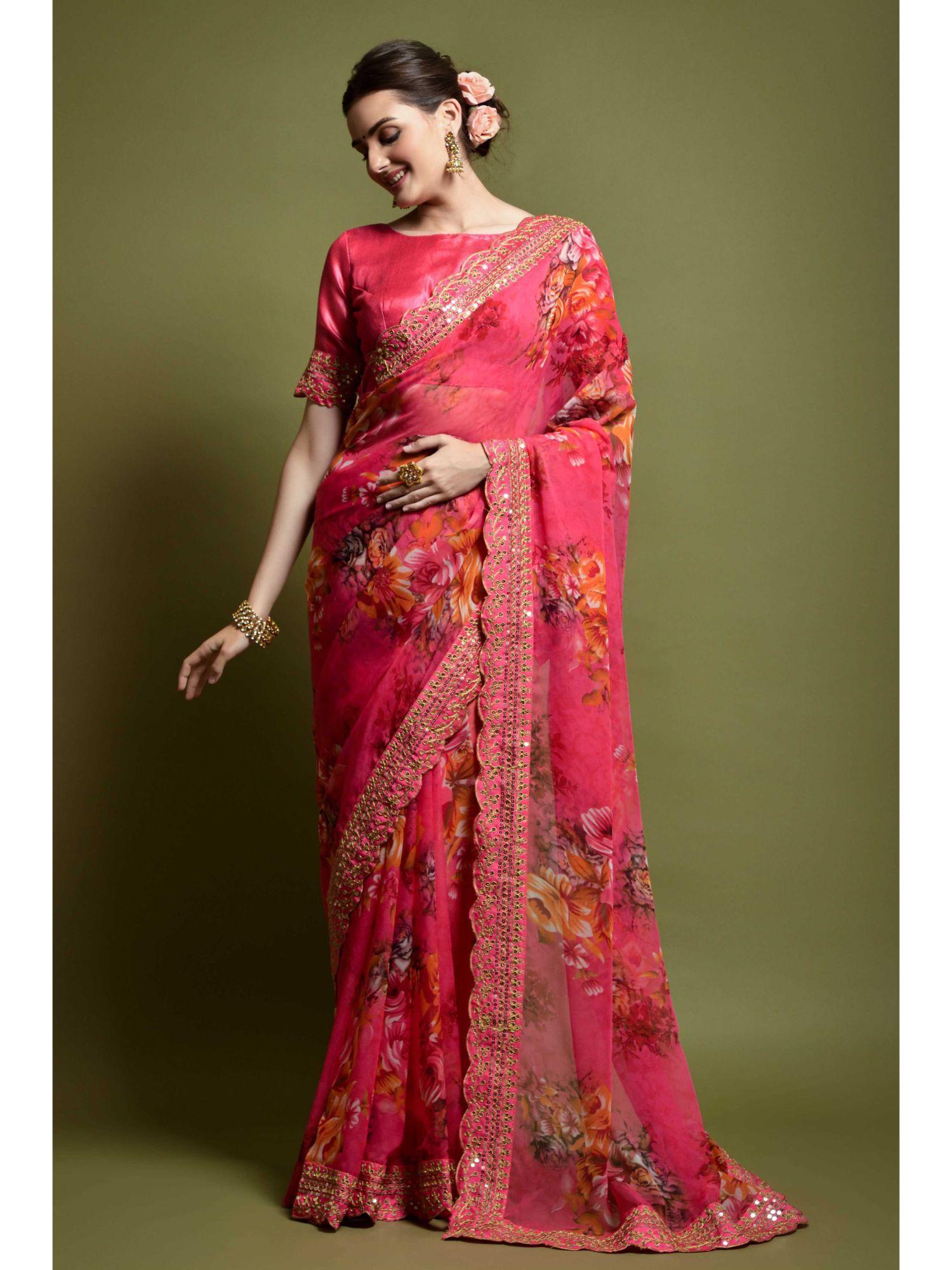 party floral printed embellished scallop border georgette pink saree & unstitched blouse