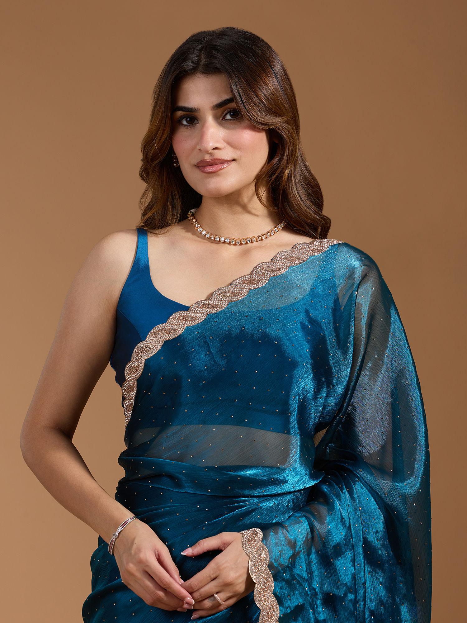 party heavy beads & stones with scallop border organza blue saree & unstitched blouse