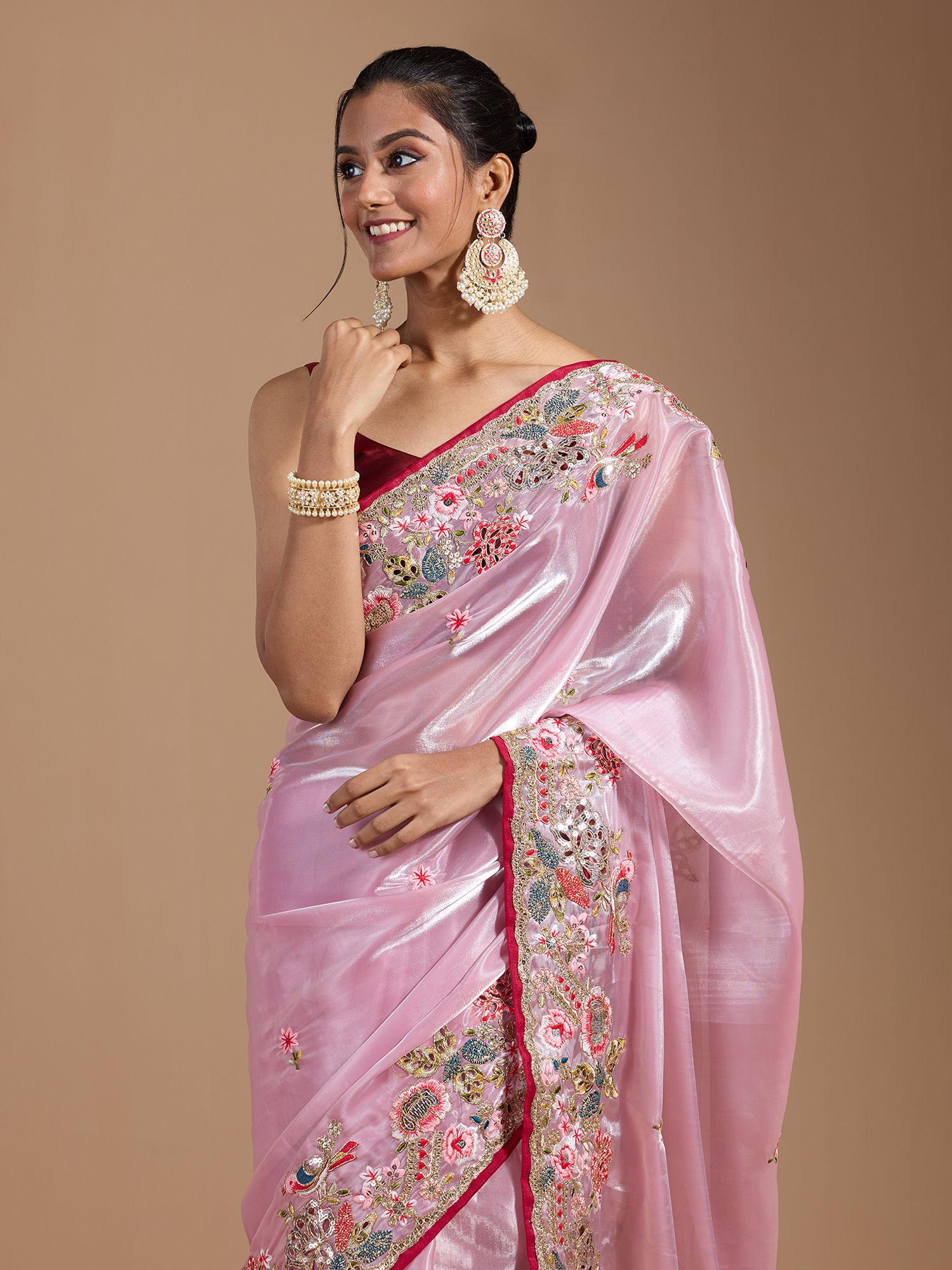 party heavy floral embroidered contrast border organza pink saree with unstitched blouse