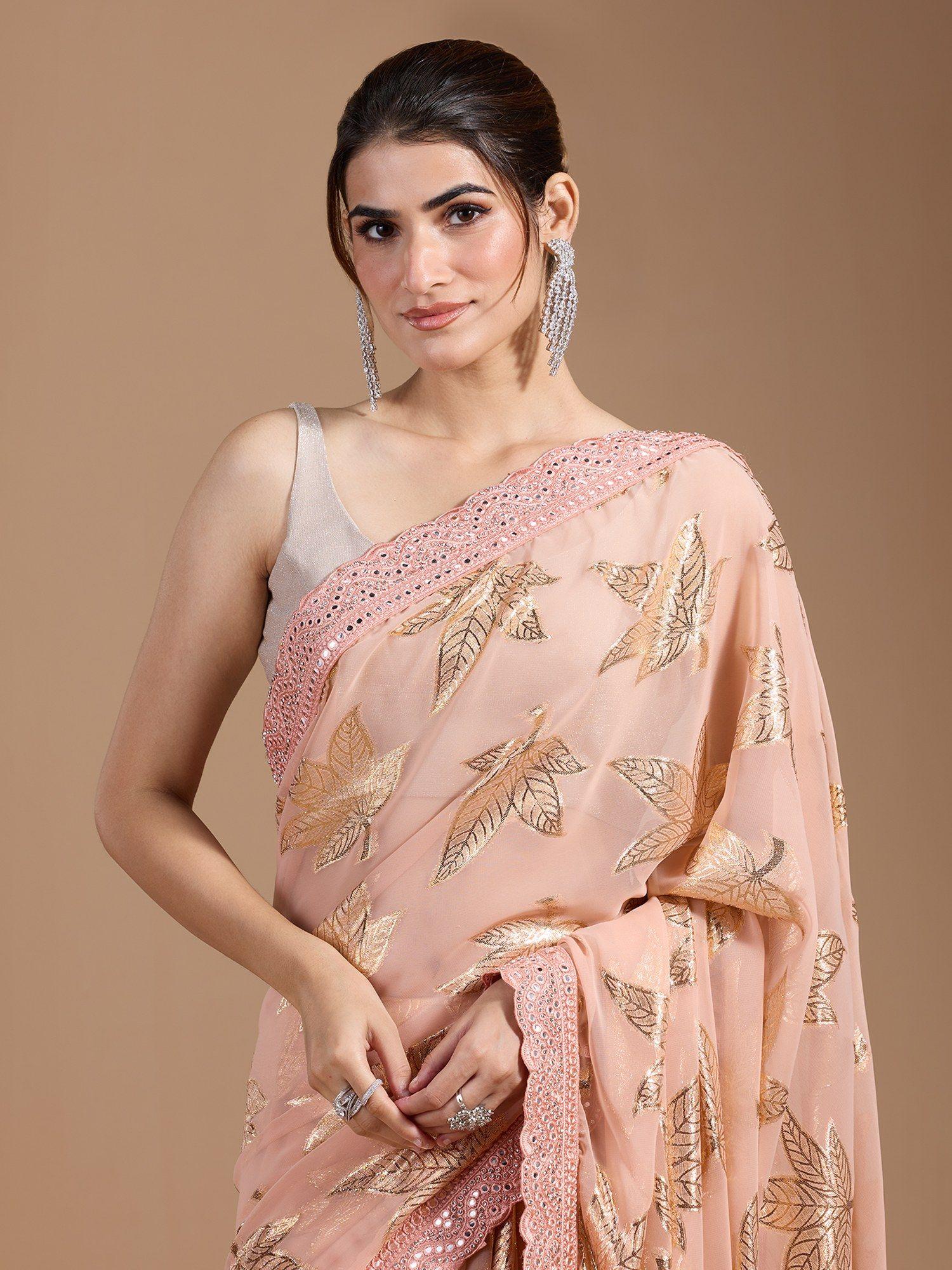 party heavy floral foil printed scallop border georgette peach saree & unstitched blouse