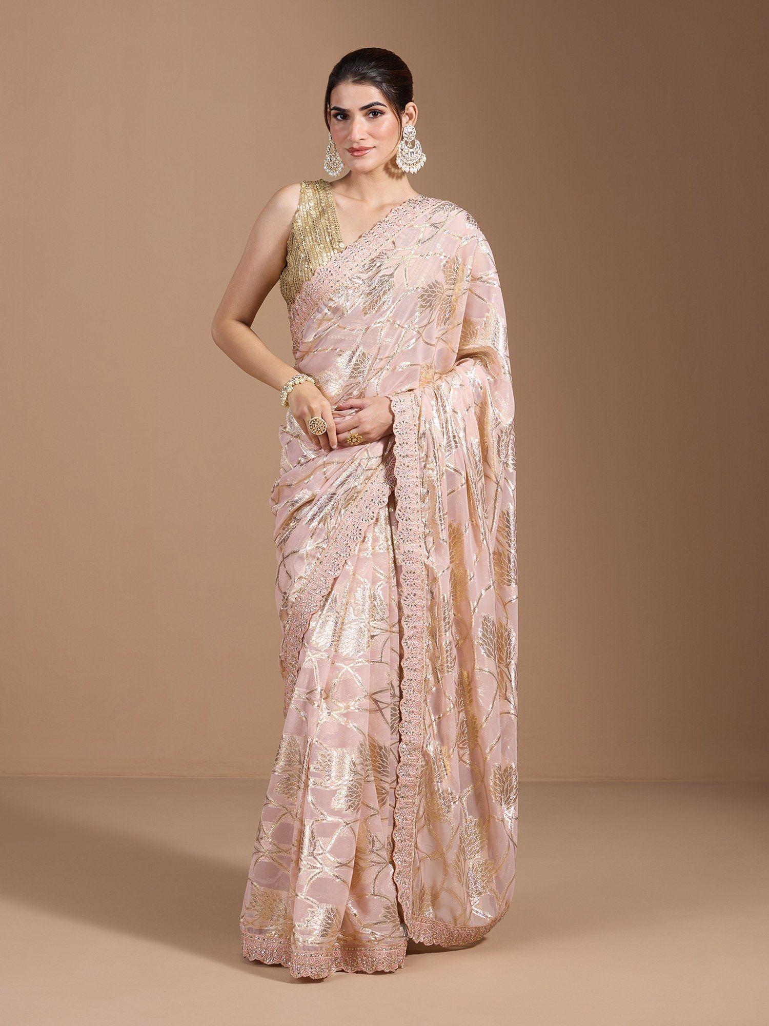 party heavy floral foil printed scallop border georgette peach saree & unstitched blouse