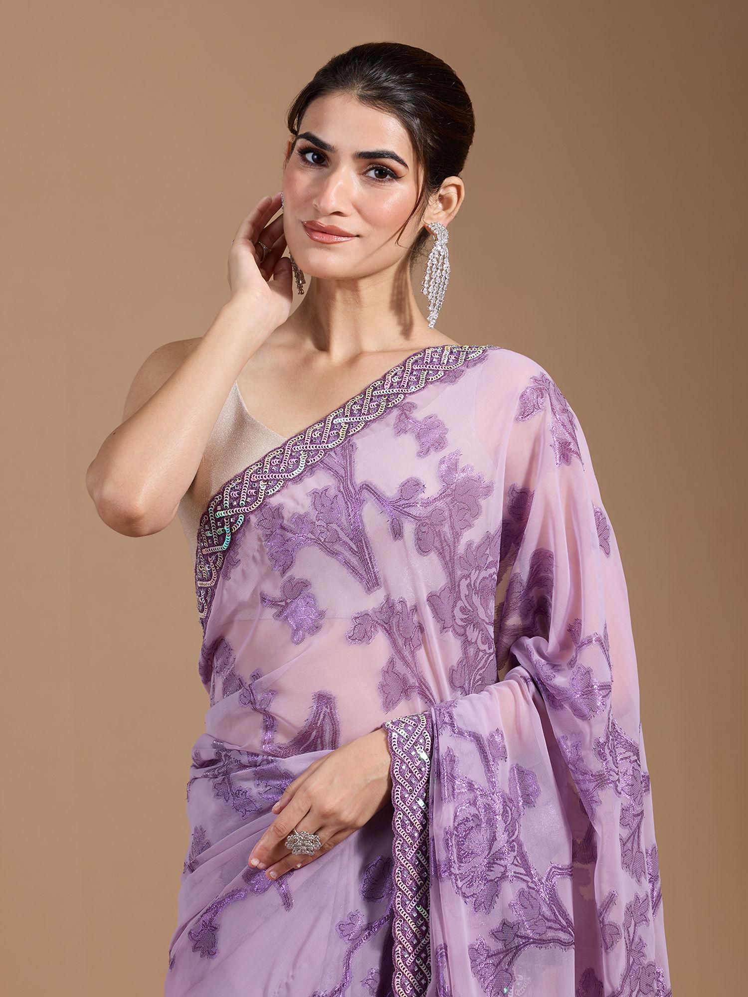 party heavy floral foil printed scallop border georgette purple saree with unstitched blouse