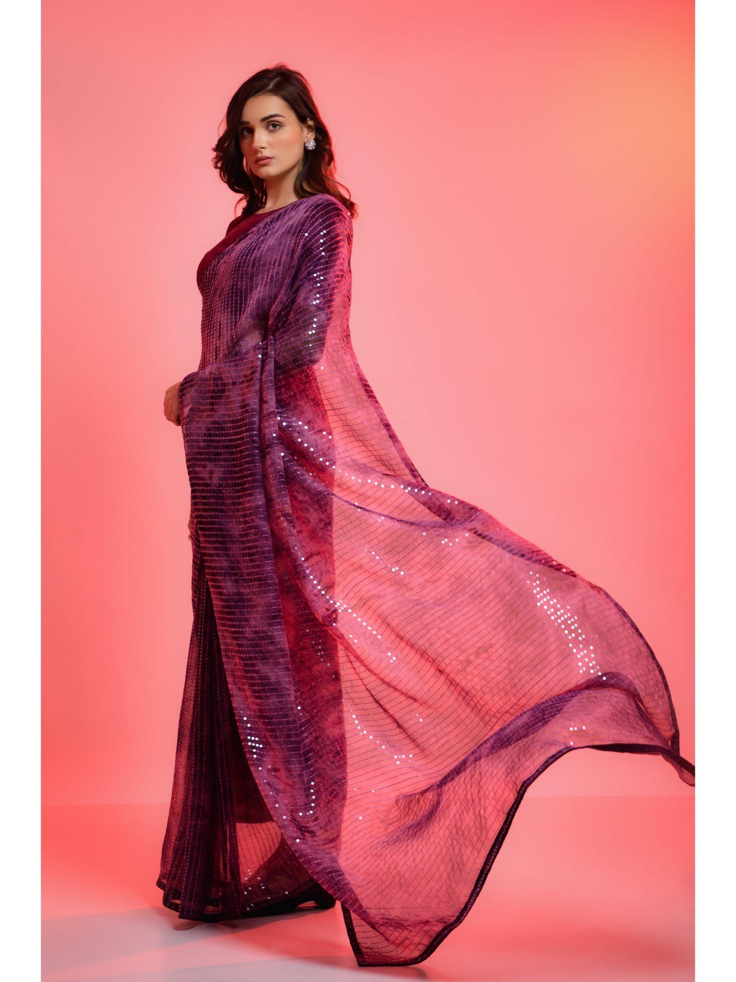 party heavy marble printed sequined georgette purple saree & unstitched blouse