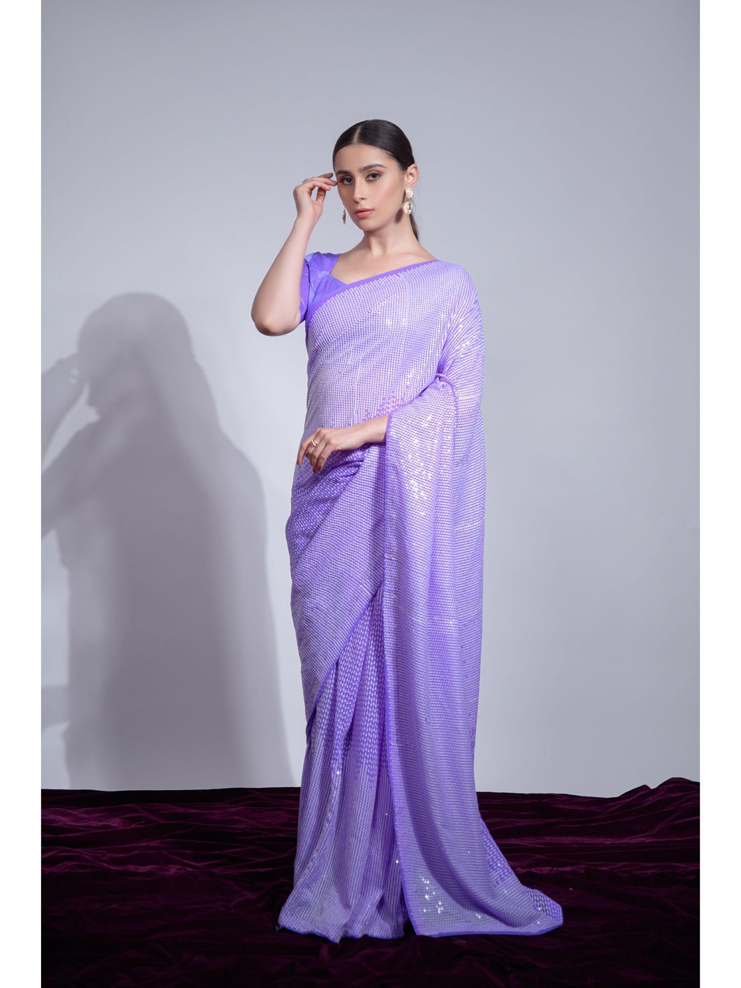 party heavy sequined georgette lavender saree & unstitched blouse