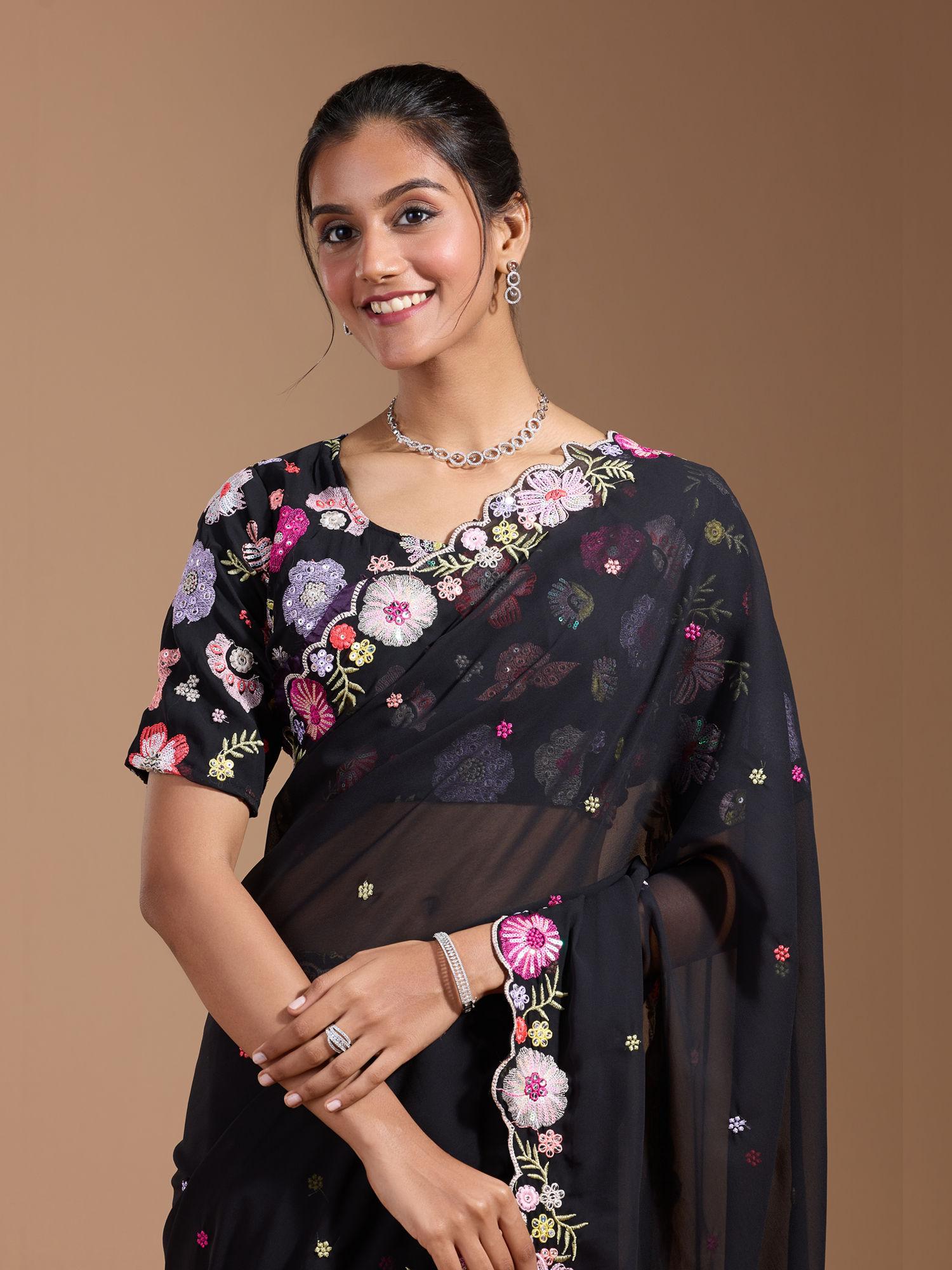 party modern embroidered contrast scallop border georgette black saree with unstitched blouse