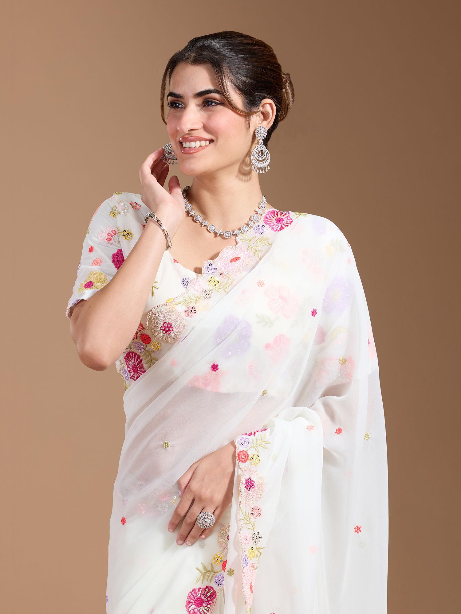 party modern embroidered contrast scallop border georgette off white saree & unstitched blouse