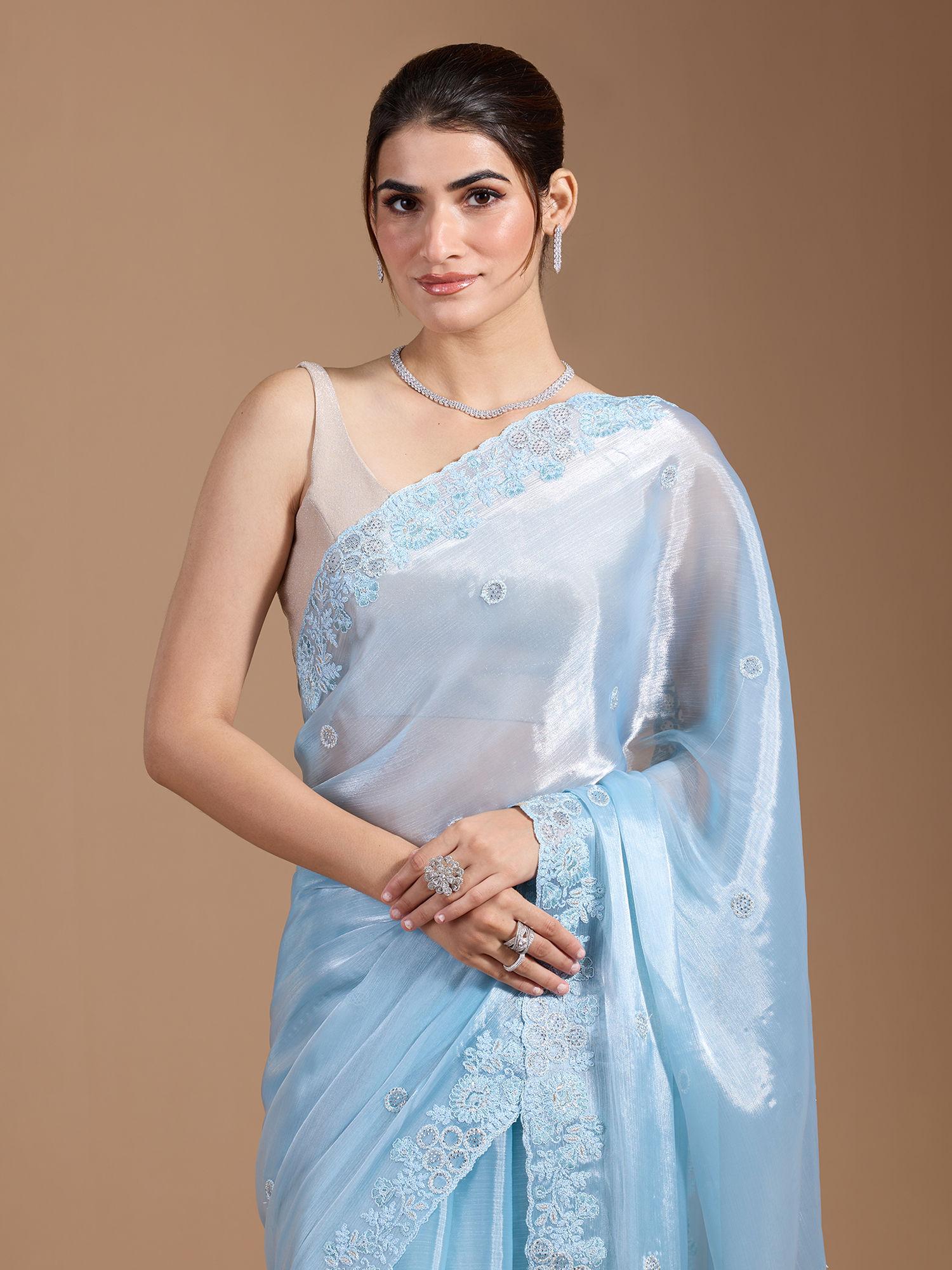 party modern embroidered with heavy border organza blue saree with unstitched blouse