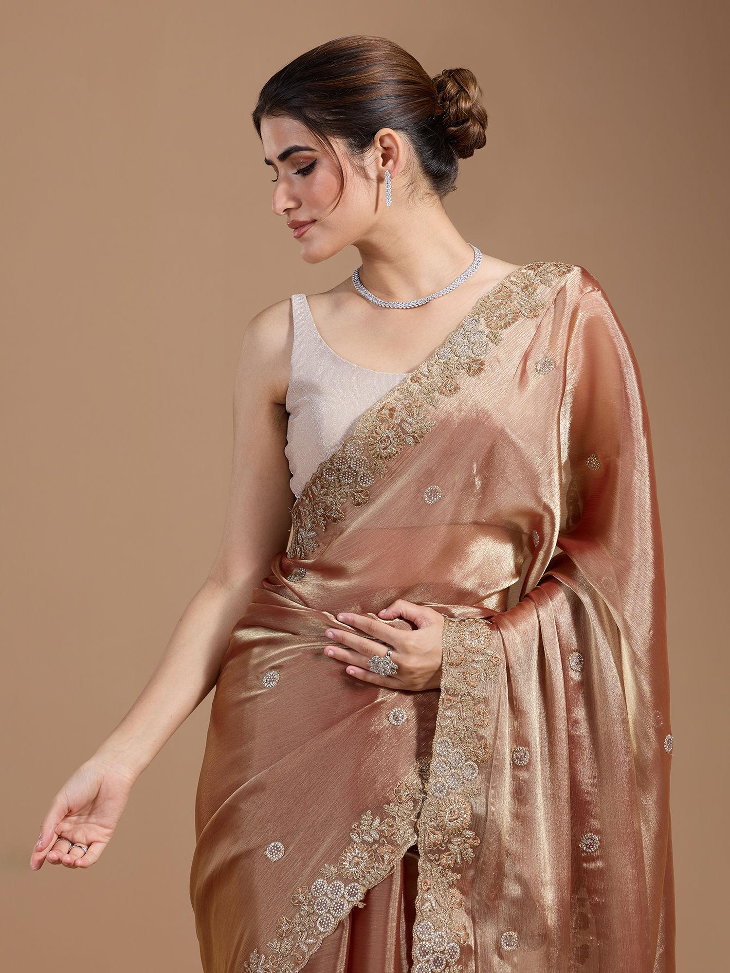 party modern embroidered with heavy border organza brown saree with unstitched blouse