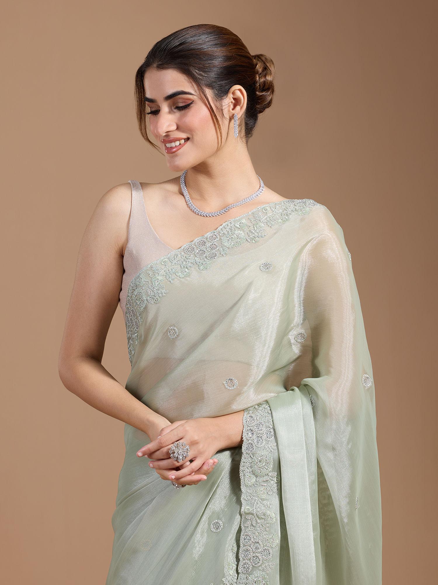 party modern embroidered with heavy border organza green saree with unstitched blouse