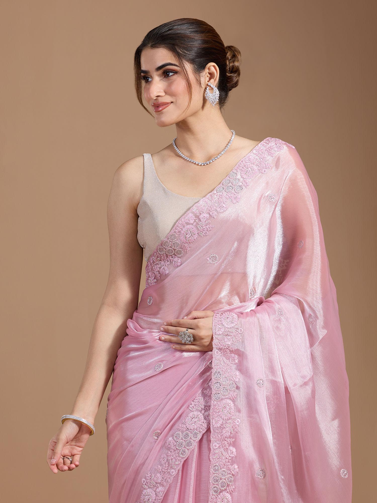 party modern embroidered with heavy border organza pink saree with unstitched blouse