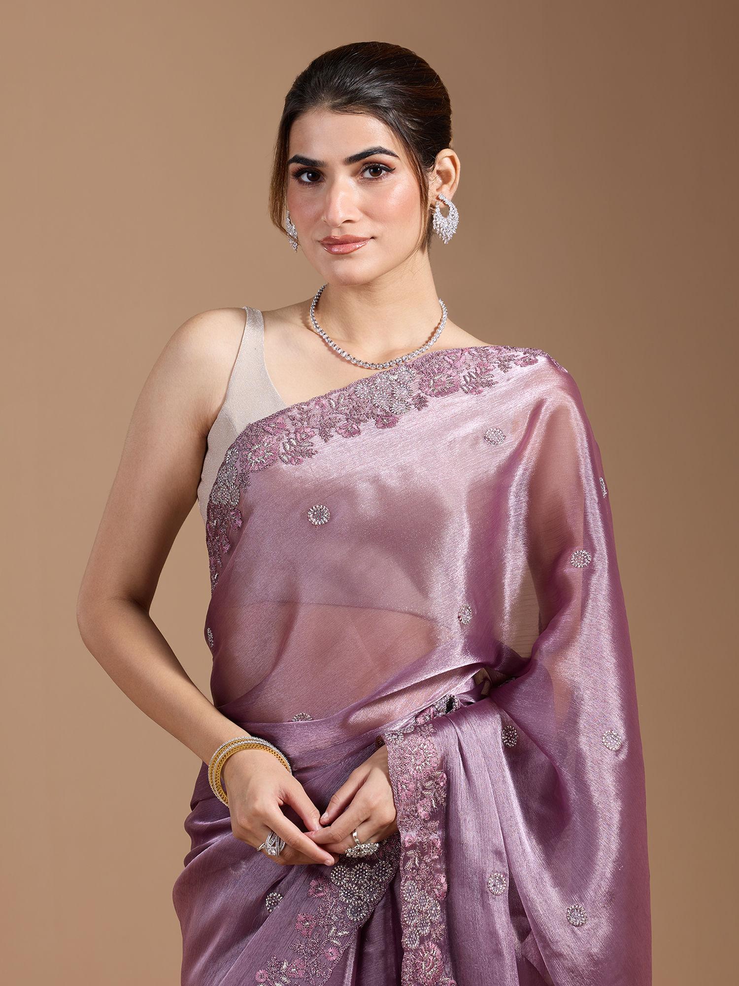 party modern embroidered with heavy border organza purple saree with unstitched blouse