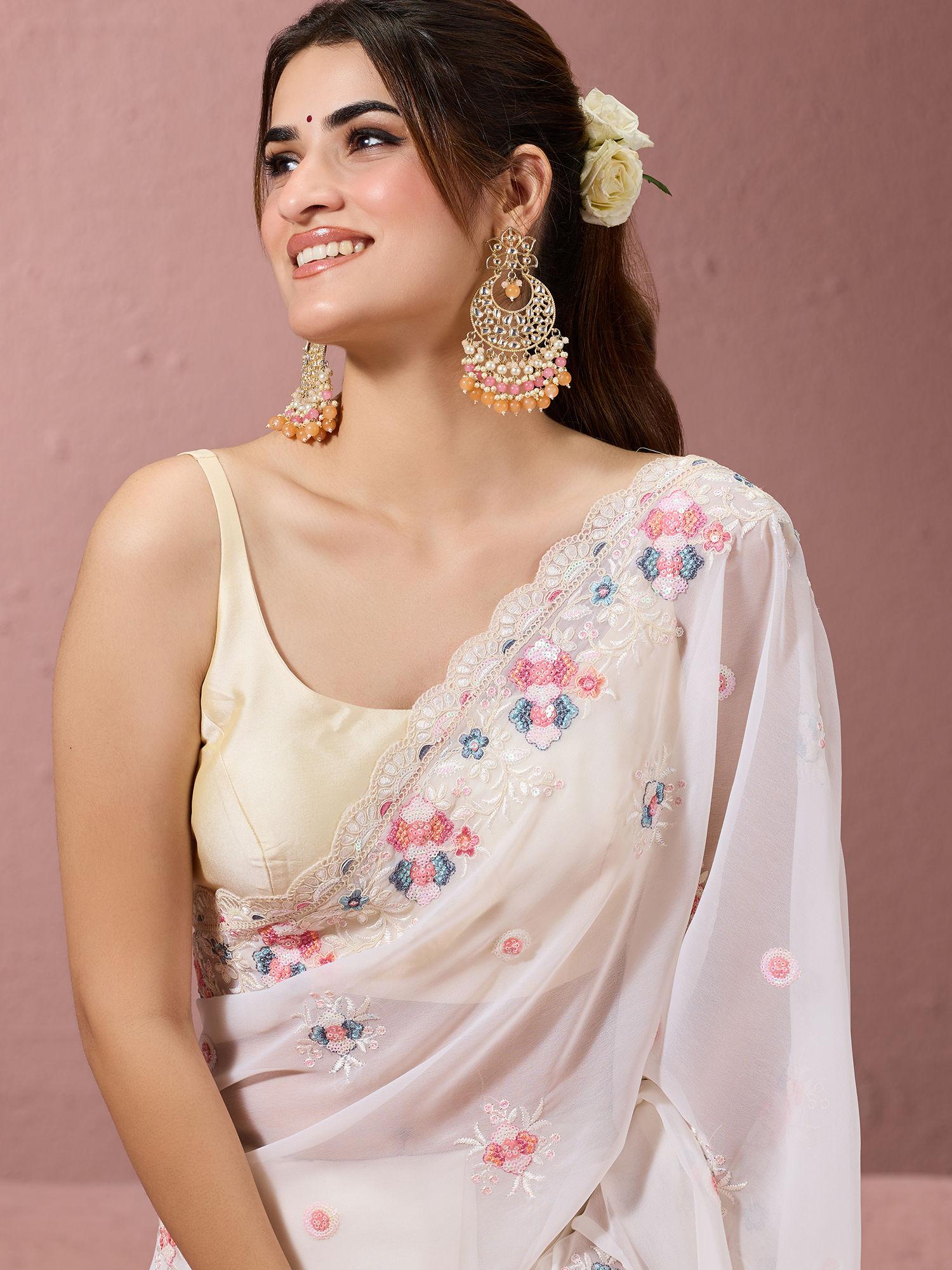 party modern embroidered with scallop border georgette white saree & unstitched blouse