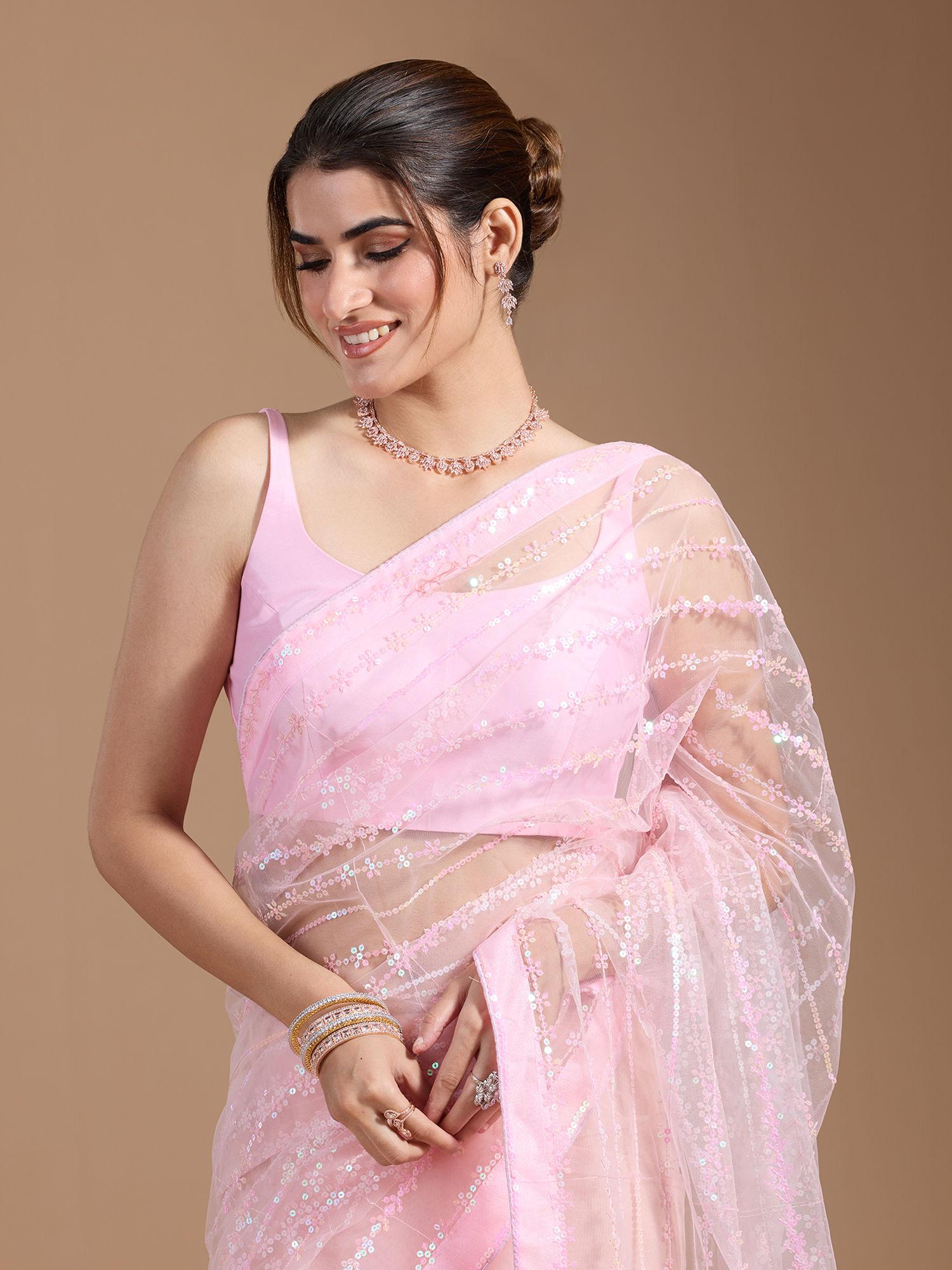 party modern heavy embroidered & sequined border net pink saree with unstitched blouse