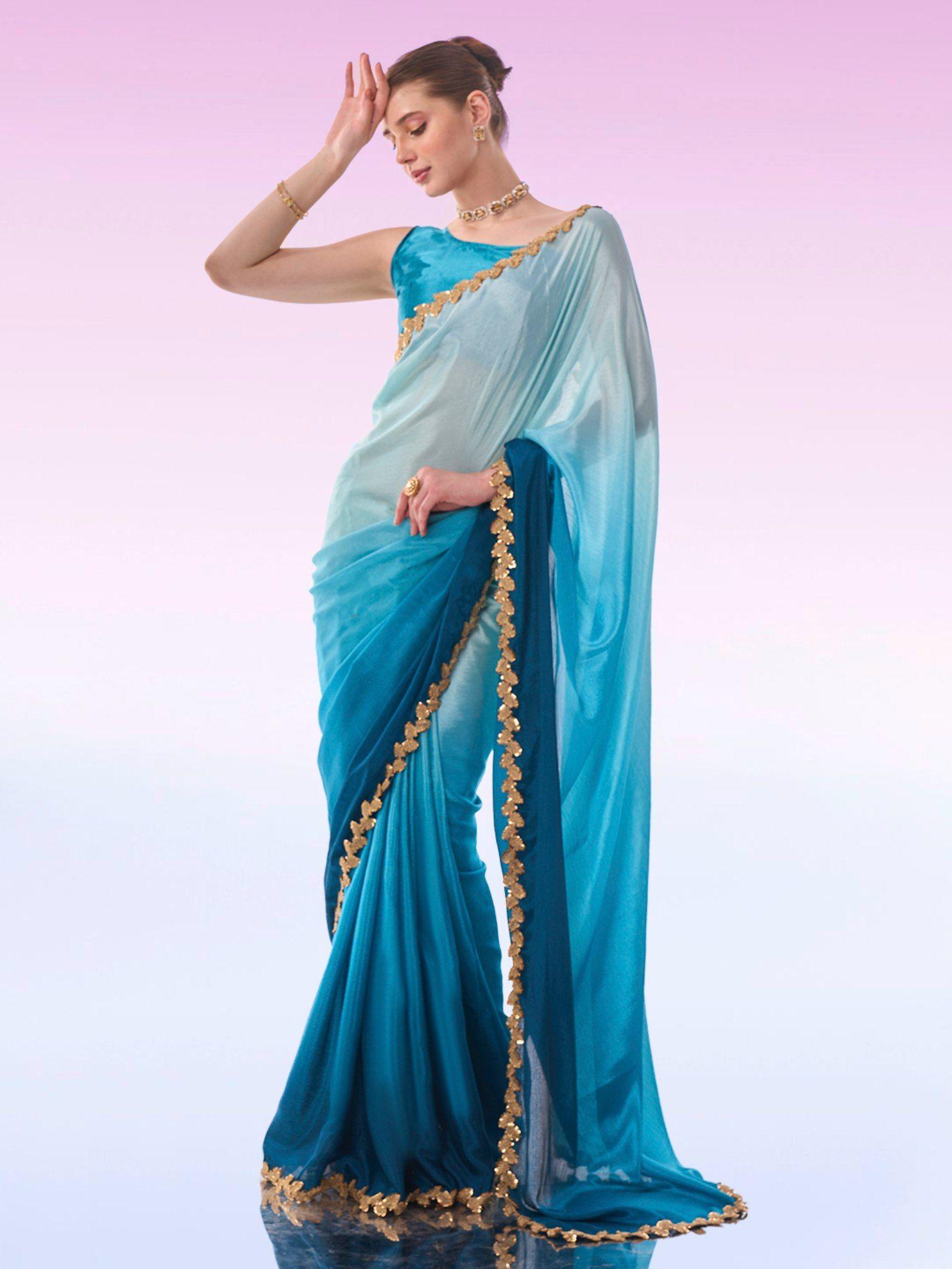 party ombre effect with leaf sequinned border chinon bue saree & unstitched blouse