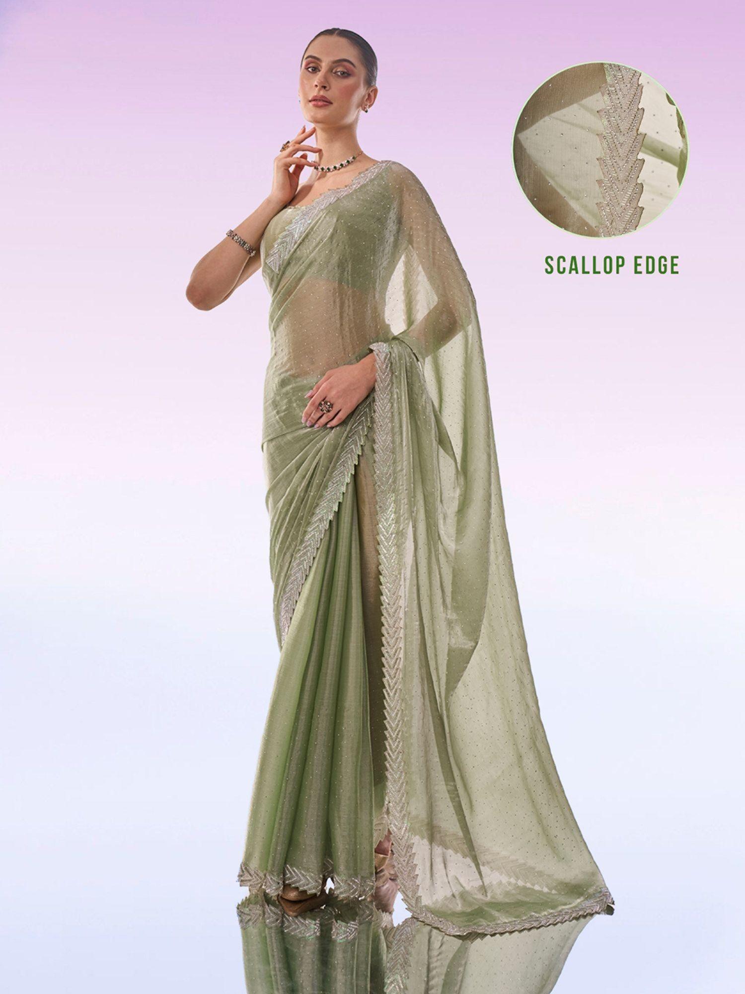 party tiny stones work with scallop border organza pista green saree & unstitched blouse