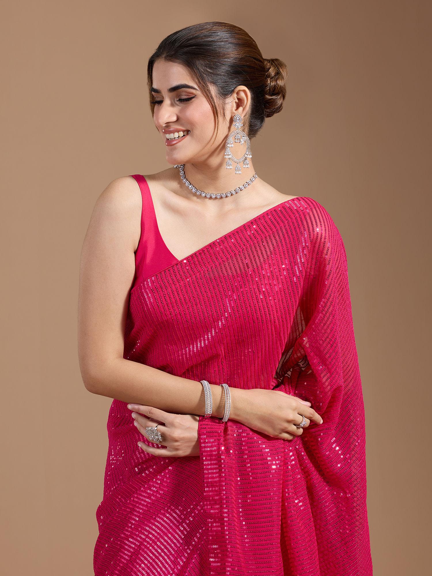 party trending heavy embellished & sequined georgette pink saree with unstitched blouse