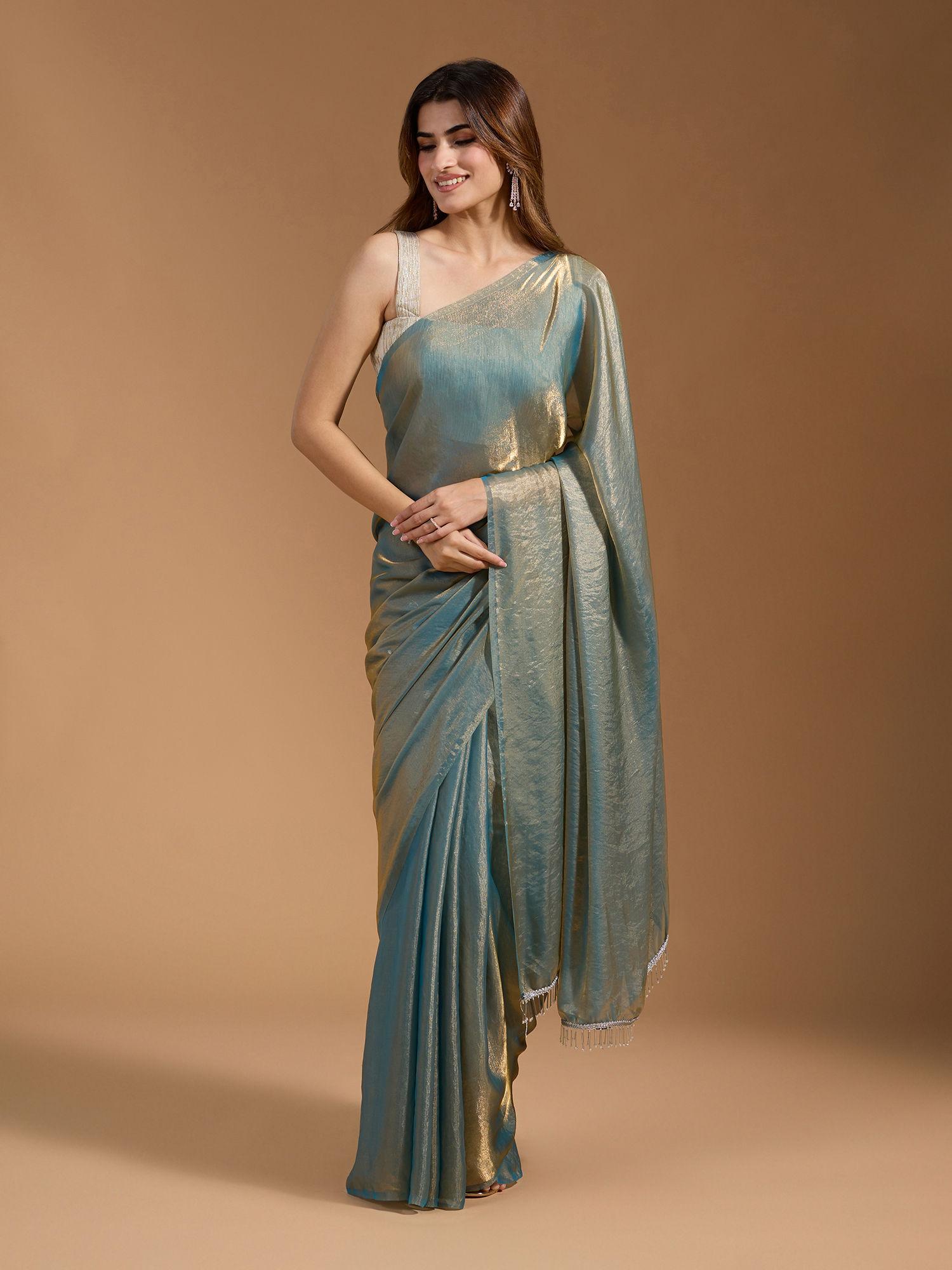 party two toned with tasseled pallu shinny organza blue saree & unstitched blouse