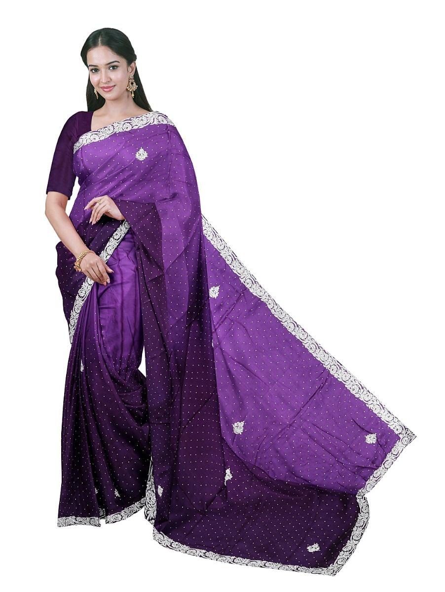 partywear pure georgette stone work violet color saree - ped1736421