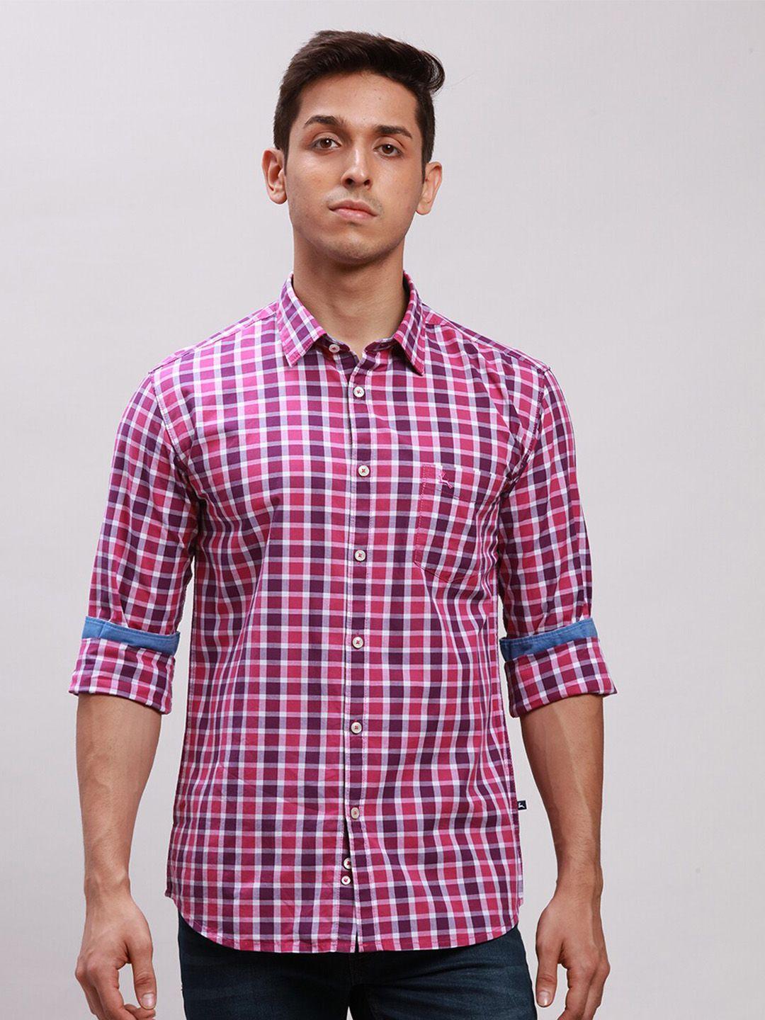 parx checked spread collar long sleeve slim fit cotton casual shirt