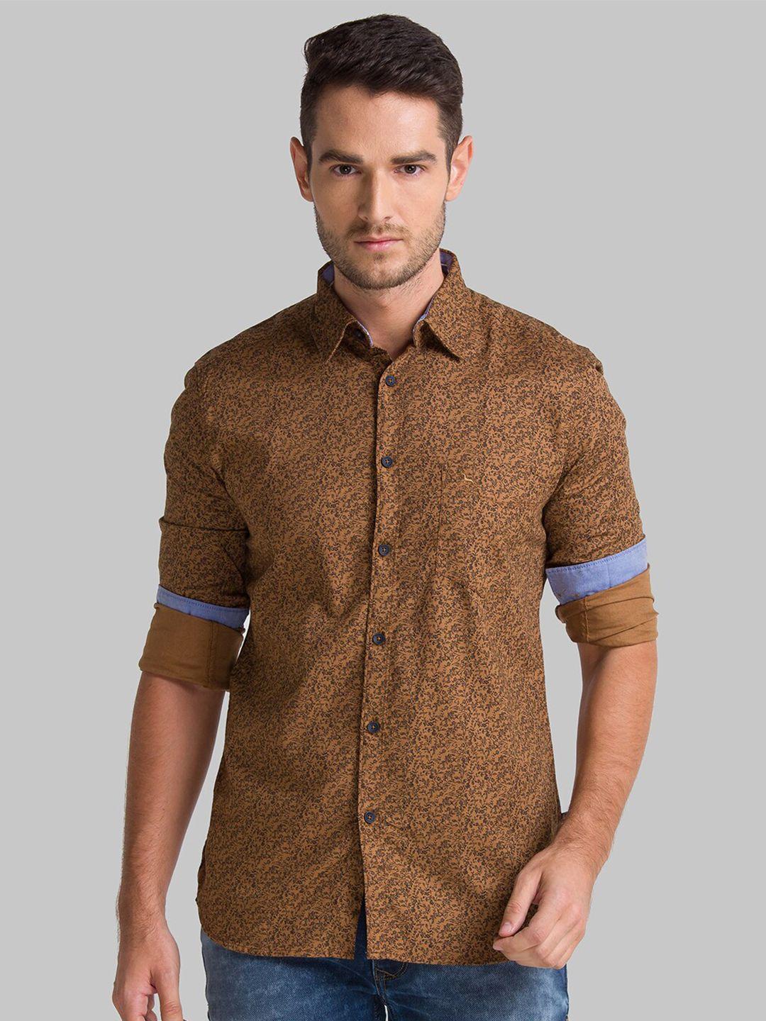 parx men brown slim fit printed casual shirt