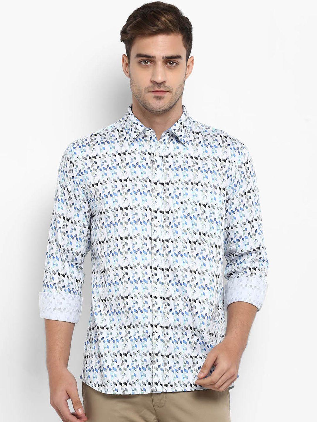 parx men white & blue slim fit printed casual shirt