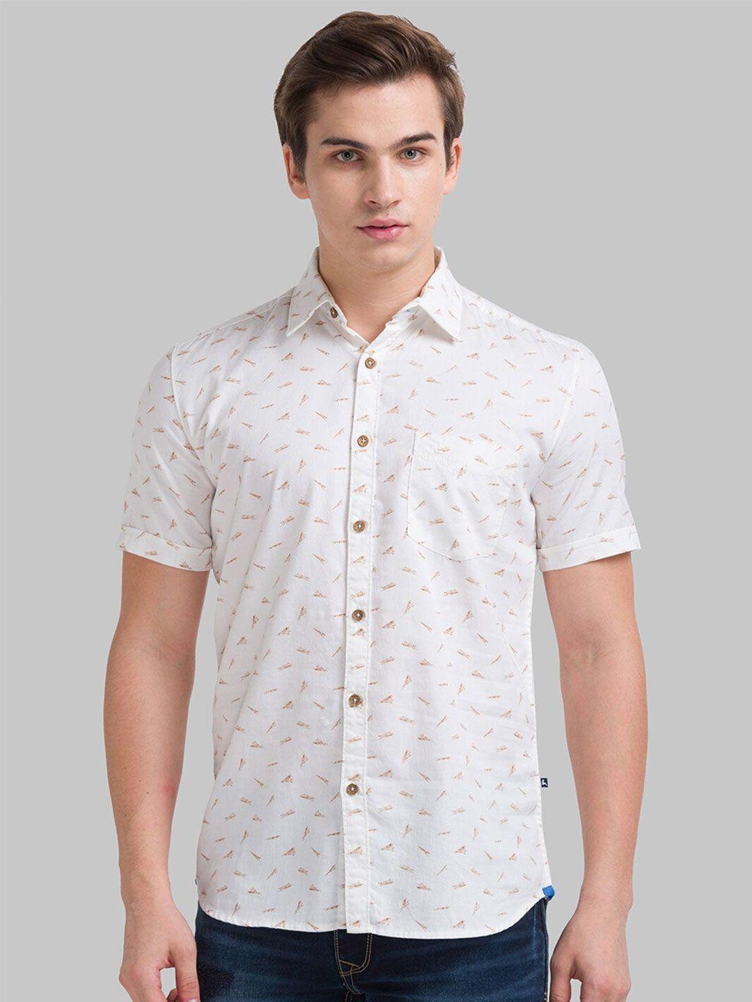 parx men white & brown slim fit printed cotton casual shirt
