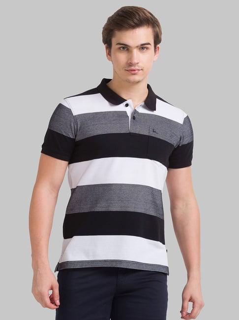 parx black & white cotton regular fit striped polo t-shirt