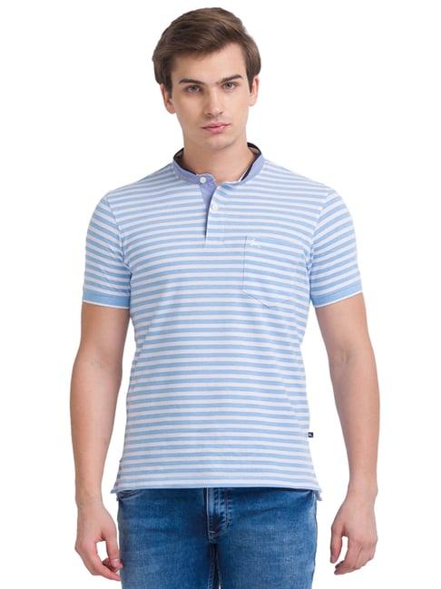 parx blue cotton regular fit striped t-shirt