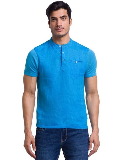 parx blue linen regular fit henley t-shirt