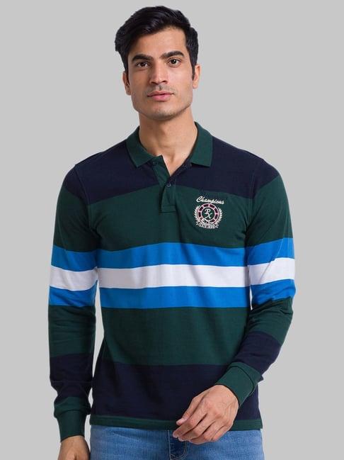 parx green cotton regular fit striped polo t-shirt
