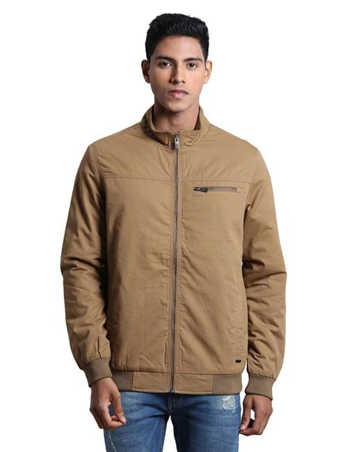 parx khaki full sleeves mock collar jacket