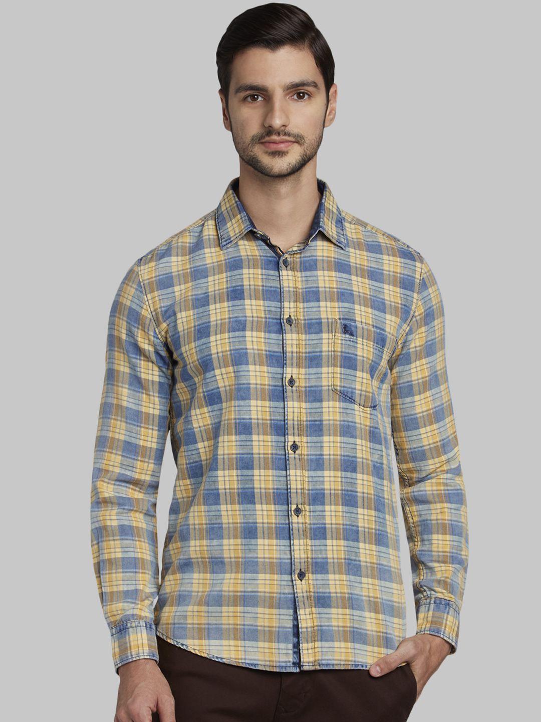 parx men blue & beige slim fit checked casual shirt