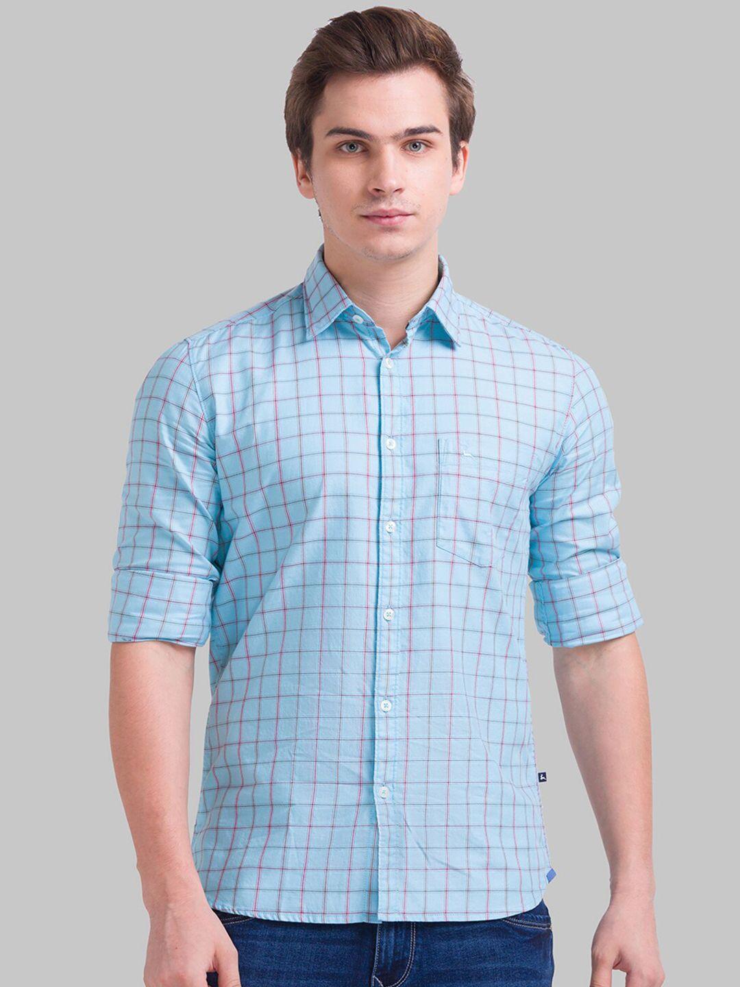 parx men blue & red slim fit checked cotton casual shirt