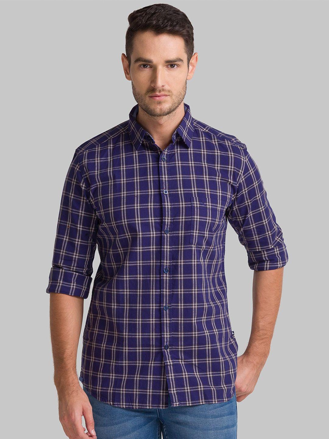 parx men blue slim fit checked cotton casual shirt