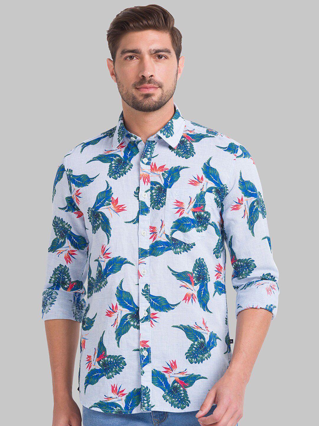 parx men blue slim fit floral printed casual shirt