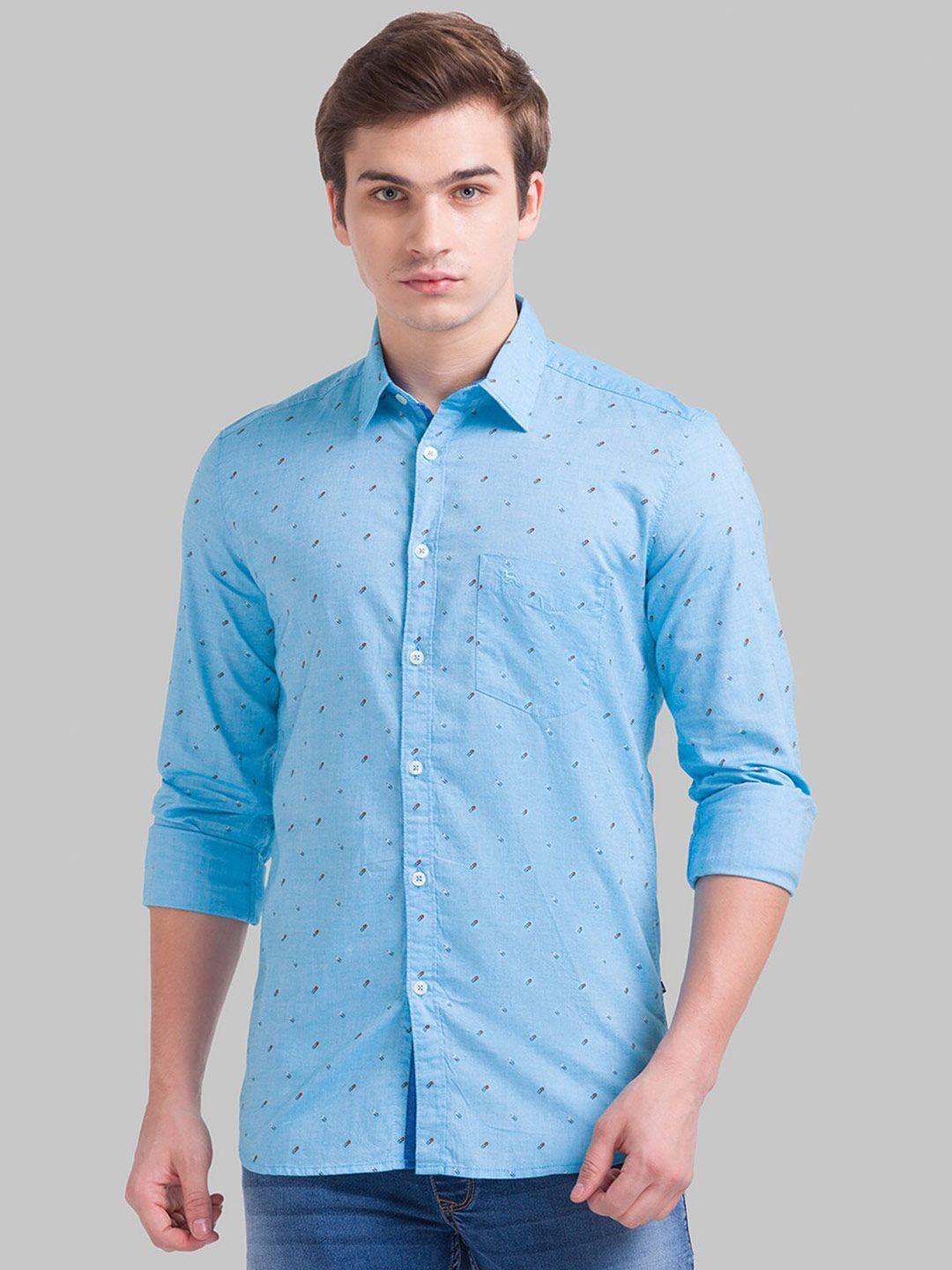 parx men blue slim fit printed pure cotton casual shirt