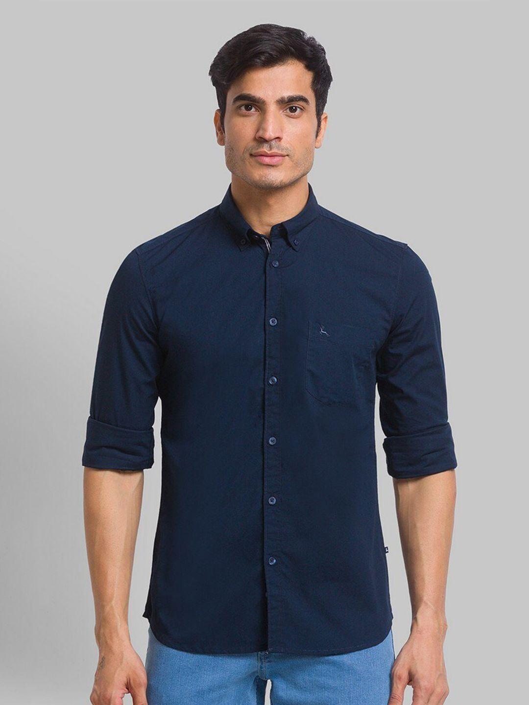 parx men blue slim fit pure cotton ???????roll up sleeves button down collar casual shirt