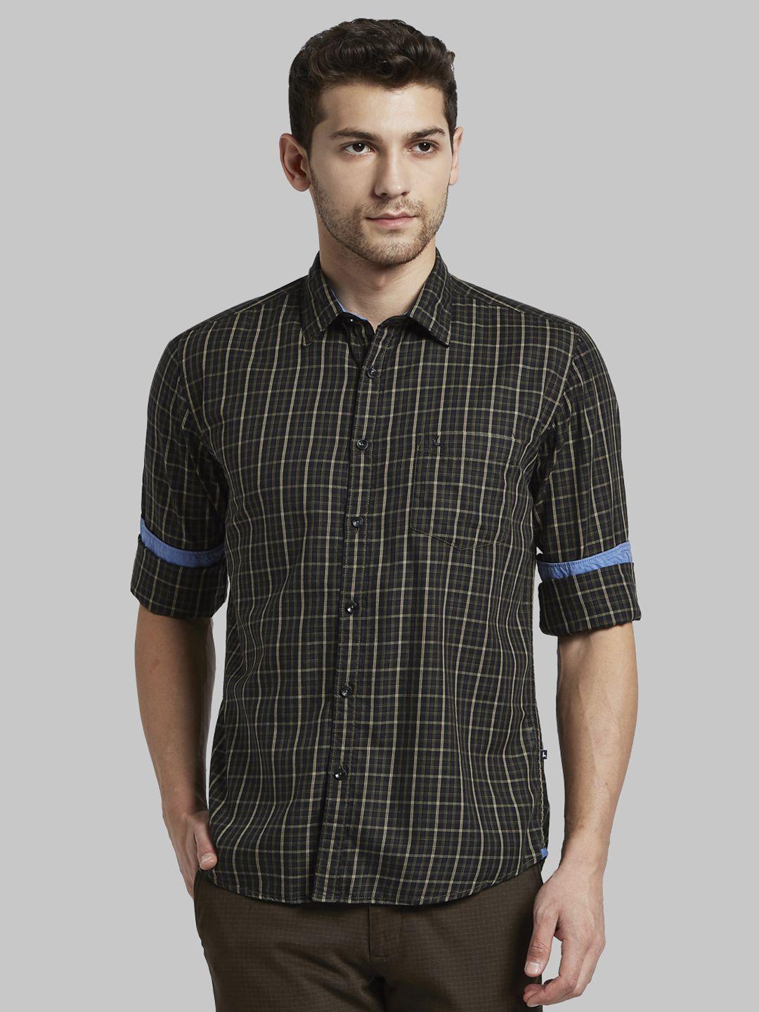 parx men green slim fit checked casual shirt