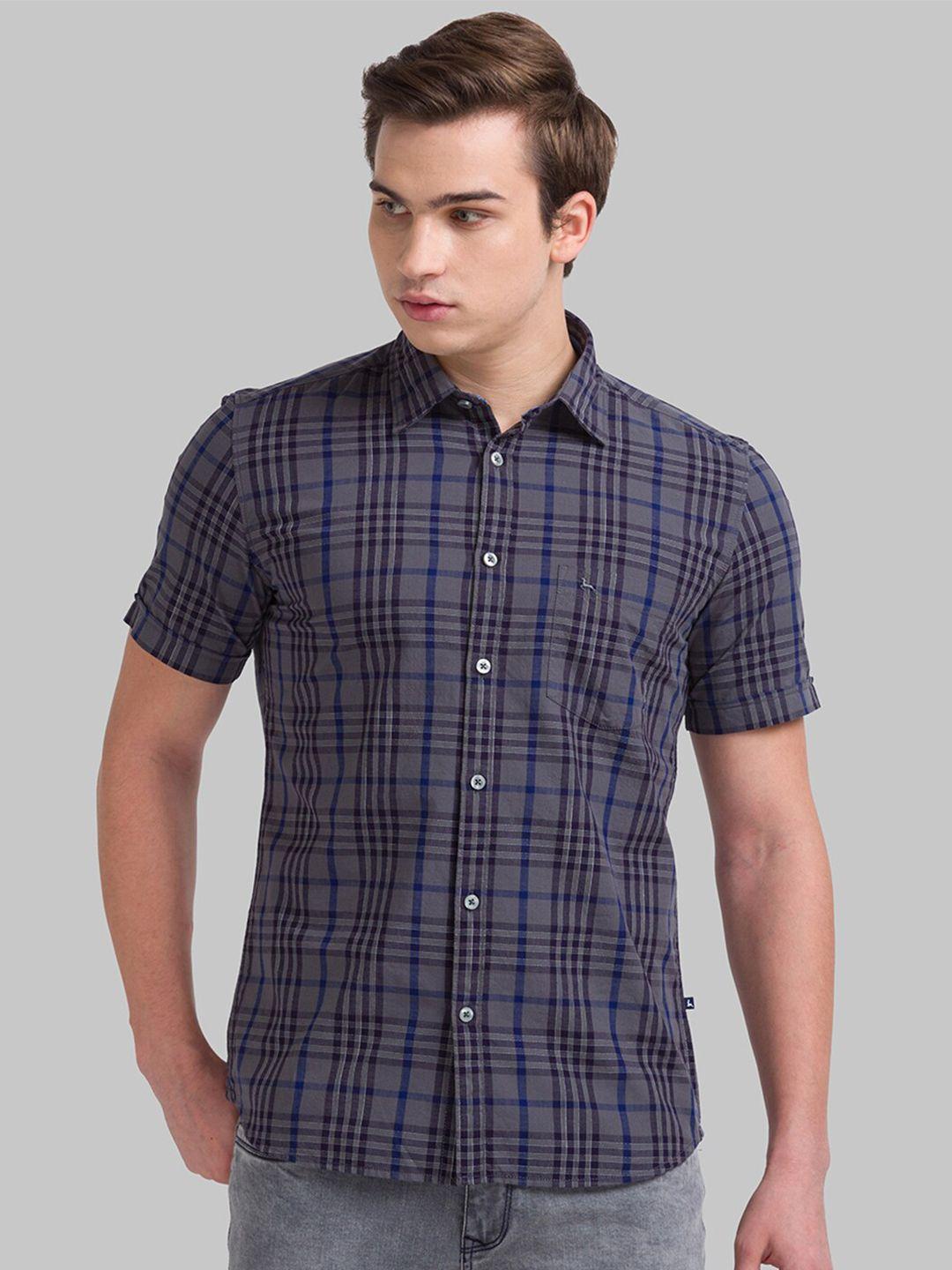 parx men grey slim fit checked casual shirt