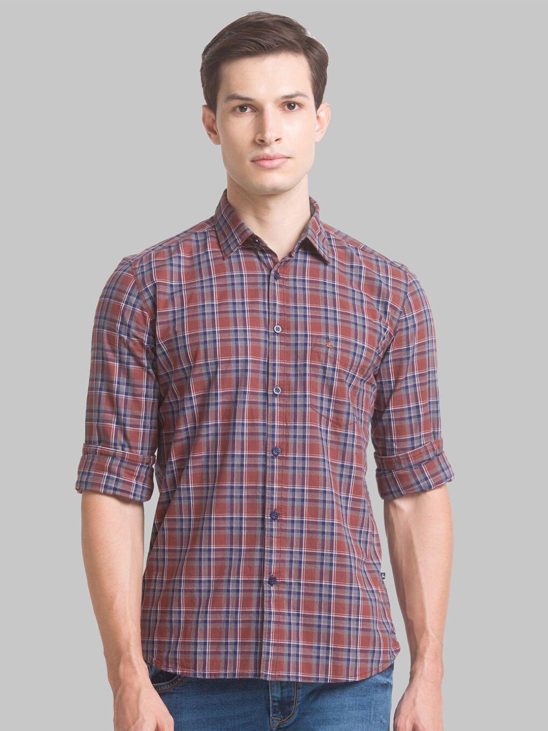 parx men maroon slim fit checked casual shirt